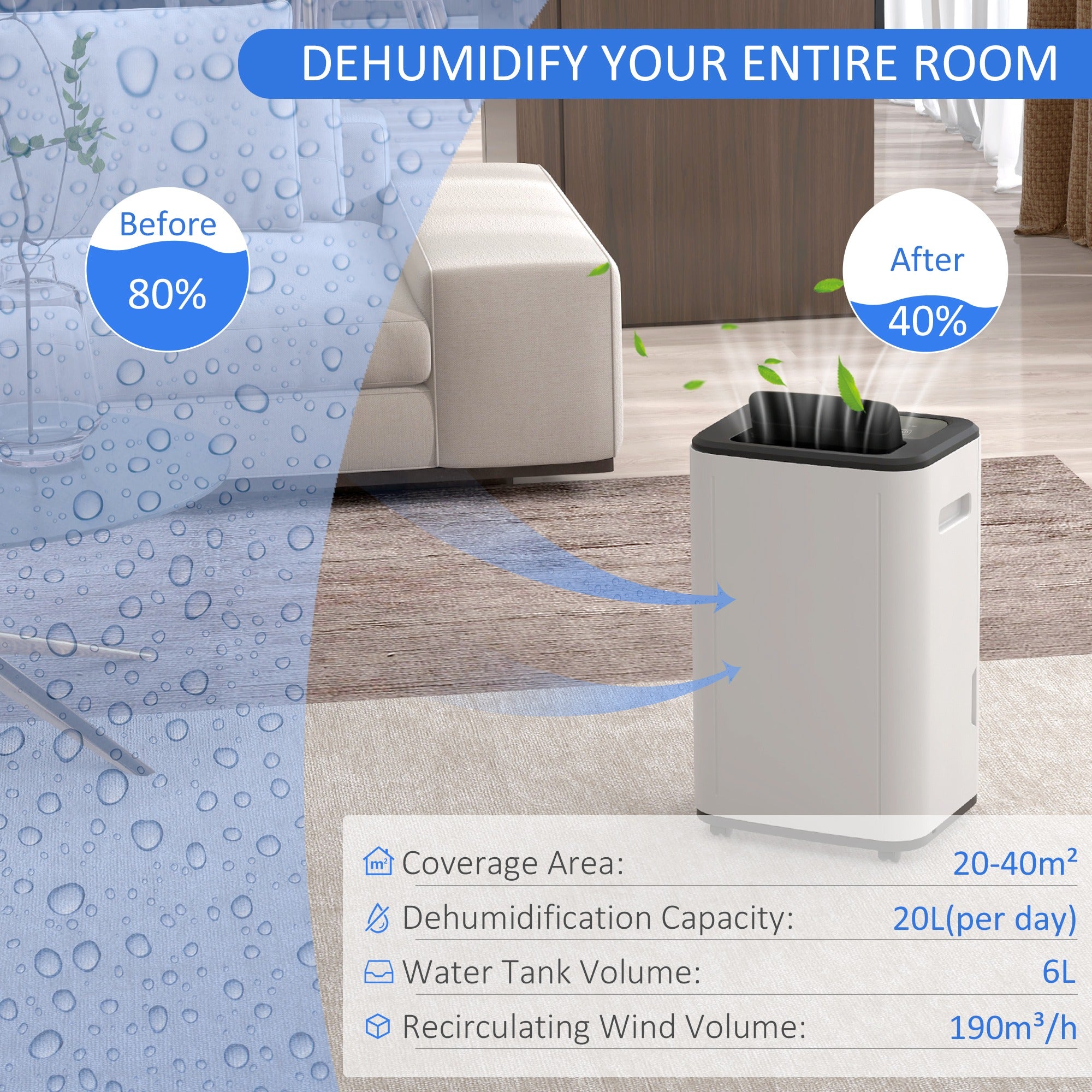 6000mL Portable Dehumidifier, 24H Timer, 20L/Day