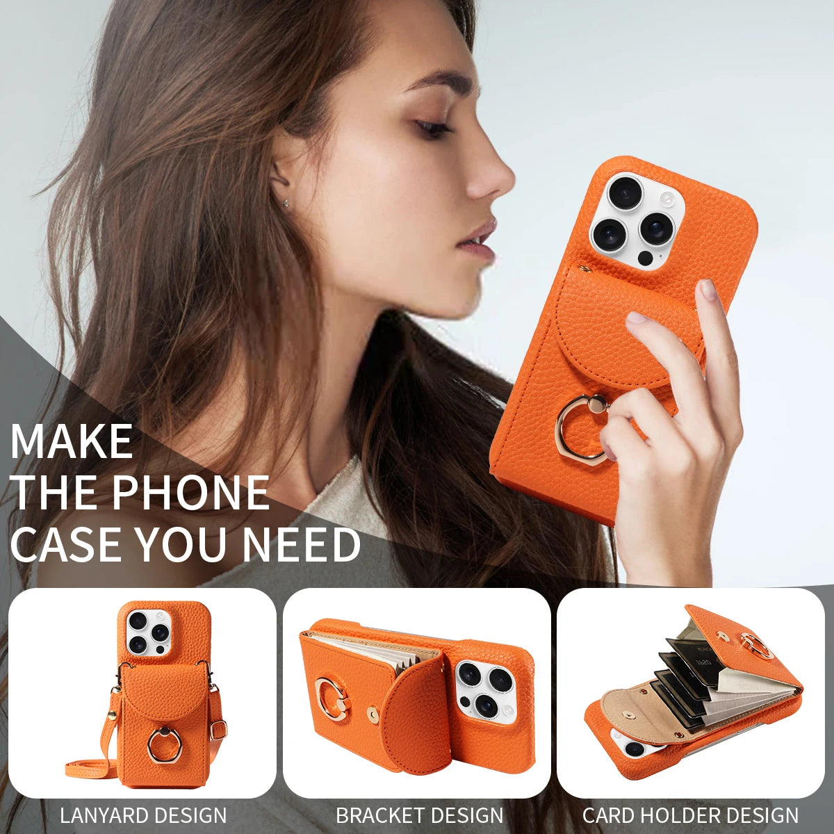 PU Leather Case for IPhone16e 16promax 16plus 15promax 15plus 14promax 14plus 13promax 13mini Crossbody ring holder Phone Case